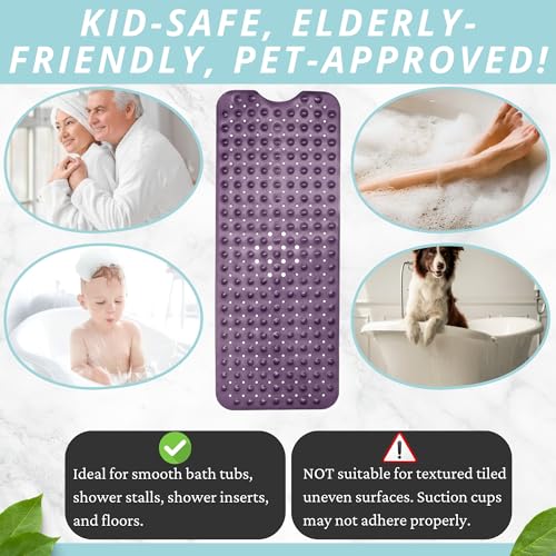 Bath Mat – 40 x 16 Inch Long Non-Slip Bathtub & Shower Mat with Suction Cups – Large PVC Bathroom Mat with Drain Holes for Tub & Shower (Bath - 40x16 Purple) - color: Purple