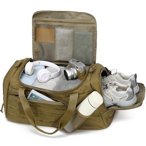 3-in-1 Tactical Gym & Travel Duffle Bag Backpack Men Multi-Functional 45L Military Sports Duffle Bag with Shoe Compartment & Wet Pocket for Workout Weekender Overnight Bag with Molle Webbing, Brown - color: Brown