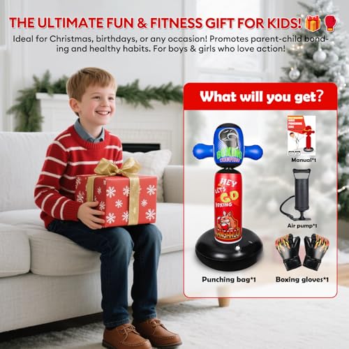 Punching Bag for Kids with 360° Rotating Head, Hyperzoo 63" Heavy-Duty Inflatable Boxing Bag with Glove, Freestanding Punching Bag Toy for Boys & Girls Ages 5–12 – Great - style: Kangaroo