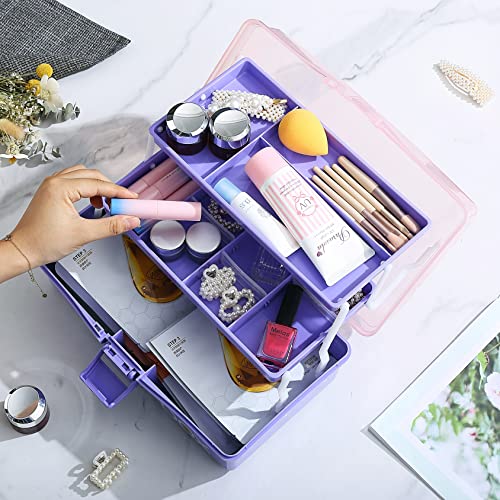 12'' Three-Layer Clear Plastic Storage Box/Tool Box, Multipurpose Organizer and Portable Handled Storage Case for Art Craft and Cosmetic (Purple)
