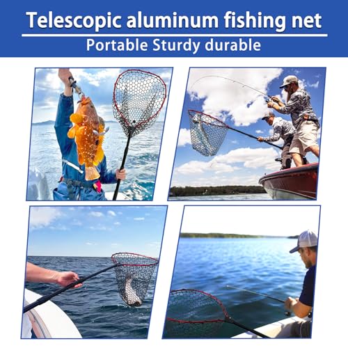Telescoping Metal Lock Fishing Net with Handle Red Green 64" 52" Rubber Fish Net - Adjustable Length Lightweight Foldable Large Big Collapsible Extendable Fishing Net - color: Red with black handle(3-section pole)