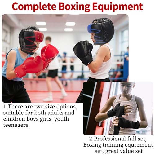 8-Piece Boxing Gloves Set with 2 Headgear and 4 Hand Wraps, PU Leather Black Red Protective Gear for Men, Women, Kids, and Youth MMA Training Sparring - size: Large