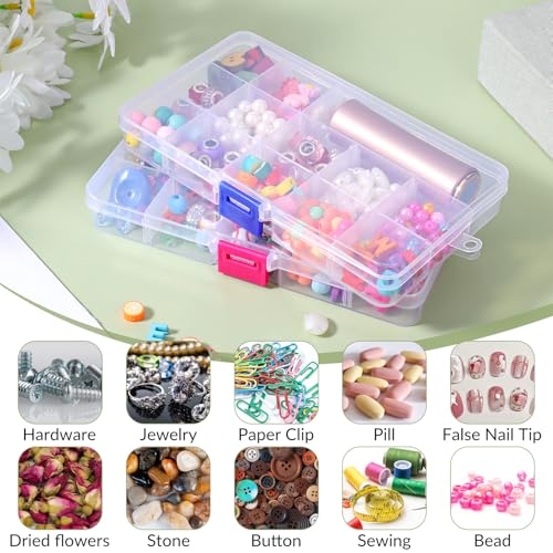 2Pcs Bead Organizer Box, Mini Clear Plastic Storage Box with Removable Divider for Beads Jewelry Rhinestone Small Parts Hair Stuff Accessory DIY Supply (15 Grids)