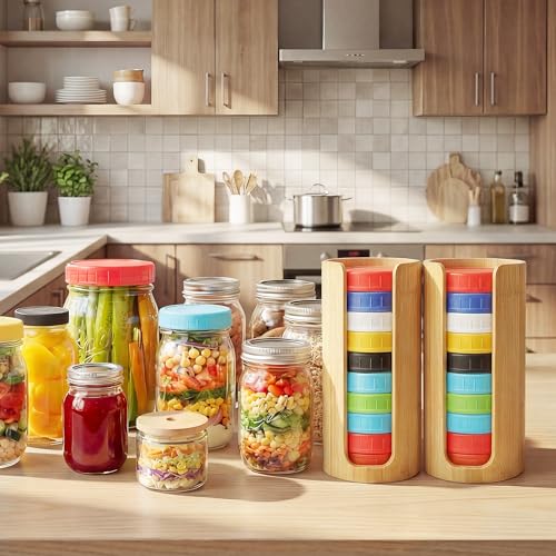 Mason Jar Lid Organizer 2 Pack Bamboo Lid Storage Holder for Regular and Wide Mouth Canning Lids Stackable Kitchen Pantry Organizer