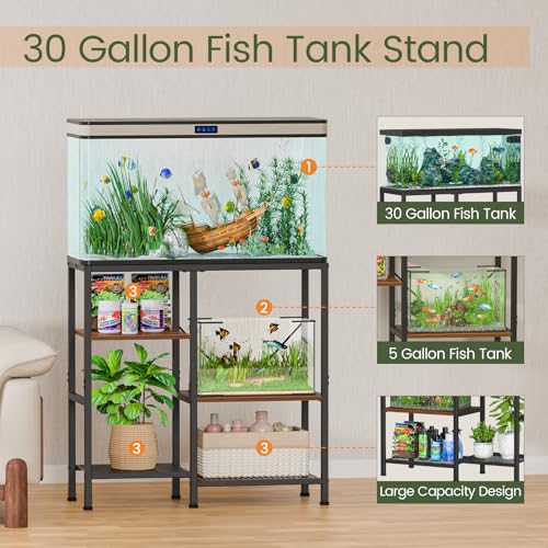 Snughome 30 Gallon Aquarium Stand, Fish Tank Stand with Shelf for Storage, 3 Tier Heavy Metal Frame Fish Tank Stand, 30 Gallon Aquarium Stand for Home Office, 30.31" x 12.01" x 30.31", Rustic Brown