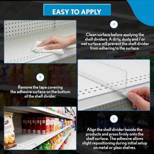 Corp. 50 Pack Shelf Dividers for Retail Stores, 1" H x 9-9/16" L, 15 mil Crystal Clear PVC Adhesive Mount Retail Shelf Separator, SD-1510