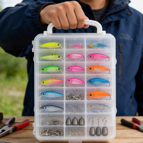 FUNSUEI 48 Grids Clear Plastic Portable Organizer Box with Adjustable Compartments, 2 Layers Plastic Jewelry Bead Organizer Box Craft Storage Containers for Electronics Art DIY Fishing Small Parts