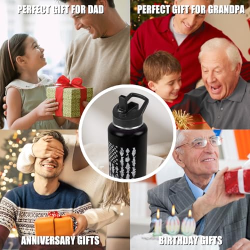 Fishing Water Bottle with Straws Fish Insulated Water Bottle Gifts for Men Dad Papa Husband Fisherman Fathers Day,Anniversary,Christmas,Birthday Travel Thermal Double Walled Vacuum Cup-32 oz - color: black fishing
