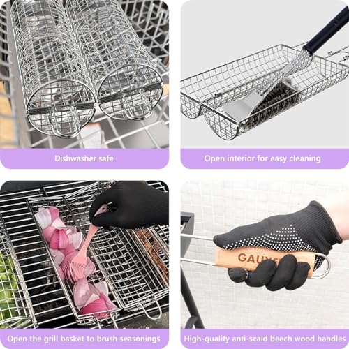 Rolling Grill Basket, Grill Baskets for Outdoor Grill, REMOVABLE HANDLE, Anti-Scorch Stainless Steel BBQ Net Tube for Meat, Shrimp, Vegetables, Grill Accessories, Gifts for Dad, Husband (Round)