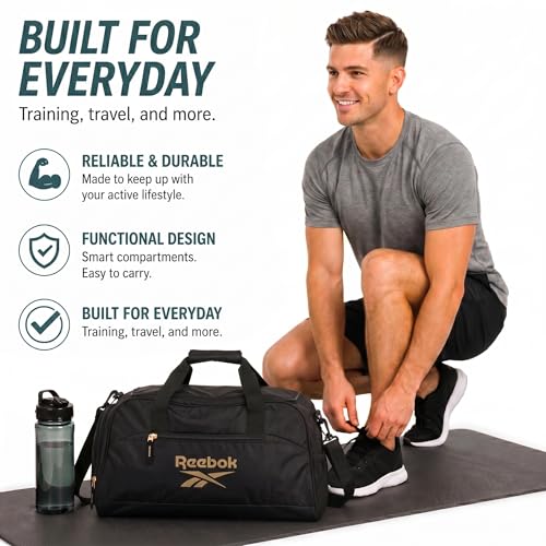 Reebok Lightweight Unisex Carry On Gym Duffle Bag for Men & Women, Sports - color: Hamilton Black With Gold Logo