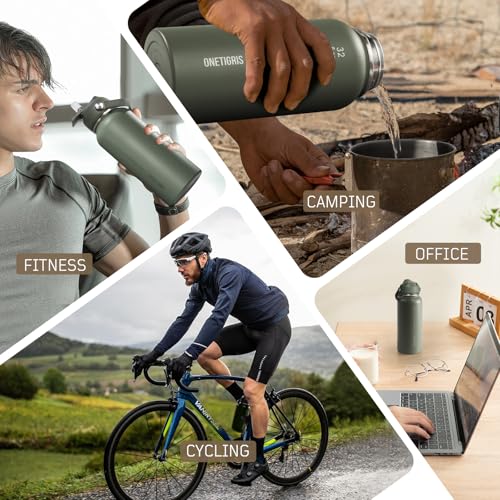 ONETIGRIS 32oz Insulated Tactical Water Bottle with Straw & MOLLE Sleeve - color: Green