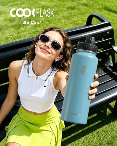 Coolflask 40 oz Water Bottle Insulated with Straw & 3 Leakproof Lids - color: Ice Blue, size: 40 Ounces