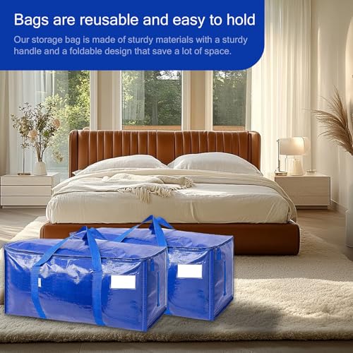 Extra Large Storage Bags, 23 Gallon Capacity, Waterproof Moving Totes with Handles and Label Pocket, Heavy Duty Zipper, Polypropylene Woven Fabric, Foldable Design (2 Pack Blue)