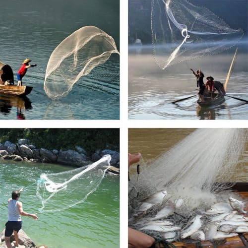 Fishing Cast Net 4ft-12ft Radius Saltwater Casting Nets for Bait Trap Fish Easy Throw Monofilament Line with Steel Chain Sinker 3/5 Inches Mesh Size