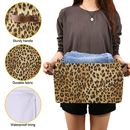 Leopard Print Storage Bin Animal Canvas Toys Storage Basket Bin Large Storage Cube Box Collapsible with Handles for Home Office Bedroom Closet Shelves,1 pc