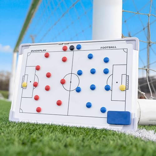 QuickPlay Magnetic Soccer Coaching Whiteboard 12x16in - Double-Sided | Two printed faces, Full & half field, Dry-erase surface, Player magnets & pen, Plan drills & set plays, Wall or table