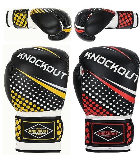 Boxing Gloves & Muay Thai Shin Guards for Men and Women, MMA Kickboxing Shin Pads Set, Adjustable Shin Guards with Instep Protection, Sparring & Martial Arts Training Gear - color: Black-Red/Black-Yellow, size: 14 oz