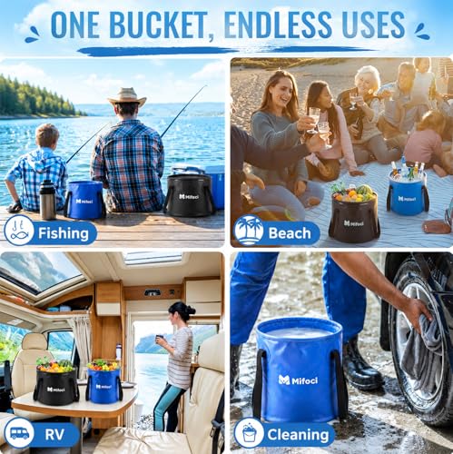 2 Pcs Collapsible Bucket 5 Gallon and 8 Gallon with Handle Portable Foldable Bucket for Camping Fishing Sturdy Leakproof Collapsible Cleaning Buckets for Car Wash RV Outdoor (Black,Dark Blue)
