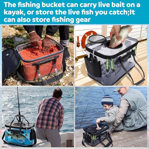 Foldable Transparent Fishing Bucket with Aerator Live Bait Bucket and Dual Outlet Air Pump, Heavy Duty EVA Collapsible Fish Basket for Kayak, Ice Fishing, Camping & Travel - size: 10 Gallon