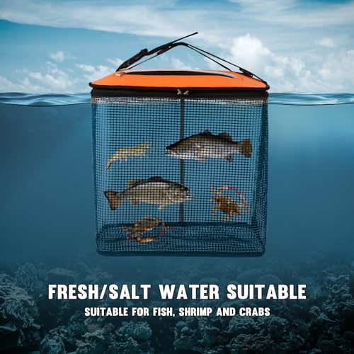 Floating Fish Basket for Live Caught, 10/15 Gallons Foldable Fishing Holder Minnow Bucket Portable Collapsible Fishing Net Storage Cage for Live Fish Bait Live Well