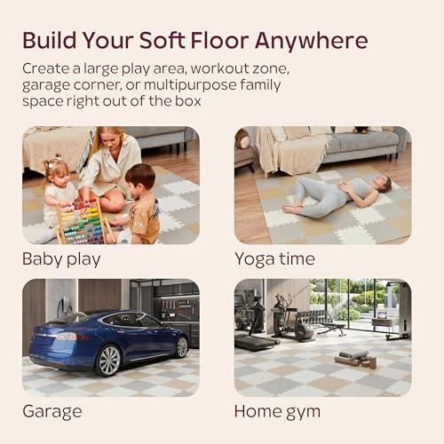 Puzzle Play Mat for Floor (White, Tan & Gray, 36 Tiles (71x71 in), Cross)