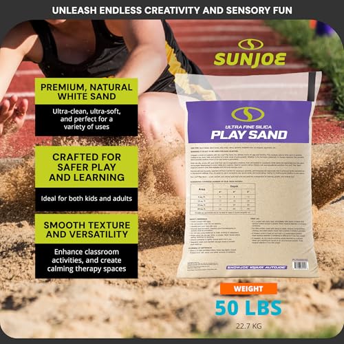 Sun Joe Silica Play Sand for Sandbox, Sensory Table & Gardens, Ultra Fine, 50 Lb Bag - Indoor & Outdoor Craft Accessory for Molding, Digging & Sculpting, PLYSAND50