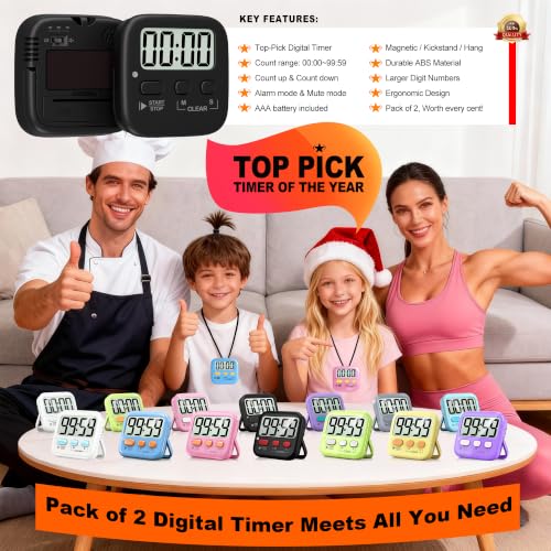 Antonki 2 Pack Digital Timer for Kids Classroom Kitchen Timers for Cooking - color: Rich Black *2