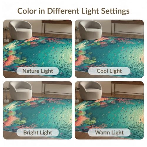 5'x7' Washable Beachy Fish Area Rug, Teal Non-Shedding Pet Friendly Carpet Easy Care Kids Safe Mat for Small Living Room, Playroom, Bedroom | Ref:2139107