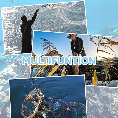 3 Pcs Foldable Fishing Net Accessories :Fishing Cast Net with Heavy Duty Real Zinc Sinker Weights丨 Fishing Landing Net with Telescoping Pole Handle 丨Crab Crayfish Shrimp Crab Trap