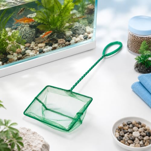 Aquarium Fish Net with Braided Metal Handle, 6'' Fish Net for Fishes Tank Soft Nylon Mesh for FishTanks Sludge Food Residue Wastes Skimming Cleaning Nets (Green)