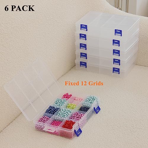 6 Pack Fixed 12 Grids Clear Plastic Storage Divider Box with Lid, Stackable Transparent Compartment Container Organizer Case for Seed Bead, Tiny Button, Small Parts, Art&Craft Supplies