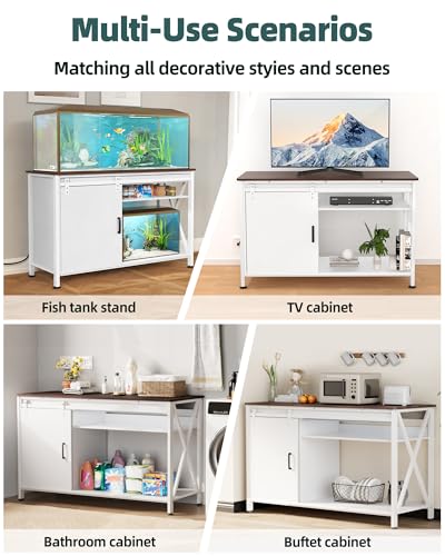 Aquarium Stand for Fish Tank: 55-75 Gallon Fish Tank Stand with Sliding Door - Heavy Duty Metal Aquarium Table with Power Outlet - 2-Tier Breeder Reptile Terrarium Stand for Home & Office(White)