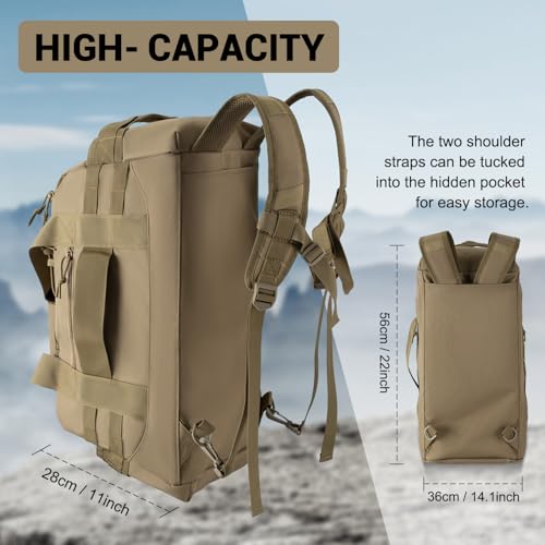 Hannibal Tactical 35L Large Duffle Bag, 3-in-1 Tactical Backpack MOLLE Pack for Sports/Gym/Outdoor, Coyote - color: Coyote