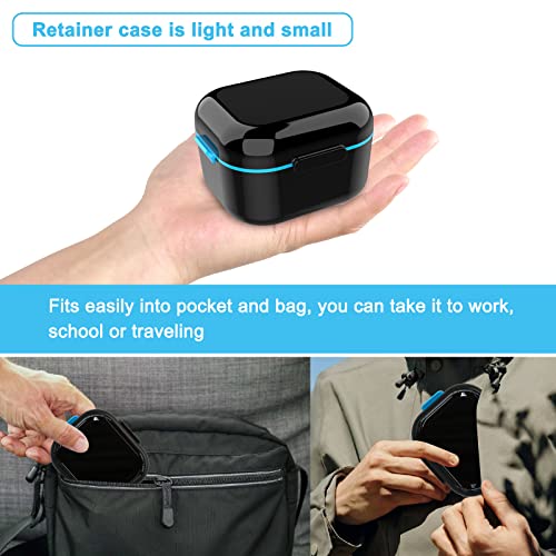 Denture Case with Mirror, Leakproof Retainer Box with Strainer Basket - color: Black Blue