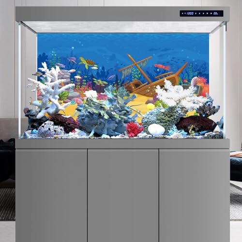 AWERT 36x24 inchesCartoon Underwater Landscape Aquarium Background Tropical Coral Reef Sea Animals Terrarium Background Deep Blue Ocean Fish Crab Treasure Chest Sea Turtle Fish Tank Backdrop - size: 36x24in/90x60cm