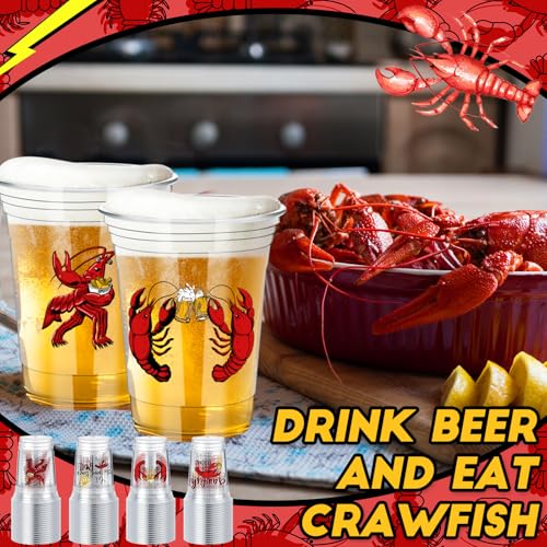 Domensi 50 Pack 12oz Crawfish Boil Plastic Cups with Straws, Disposable Seafood Party Supplies for Lobster Feast, Cajun Style Birthday Table Decorations, Bulk Low Country Picnic Drinkware Favors