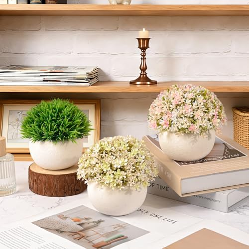Fake Plants-3-Pack Mini Artificial Pulp Pot Decor, 2 Lilac Flower Balls & 1 Grass, No Maintenance for Desk Bathroom Home Office Shelf