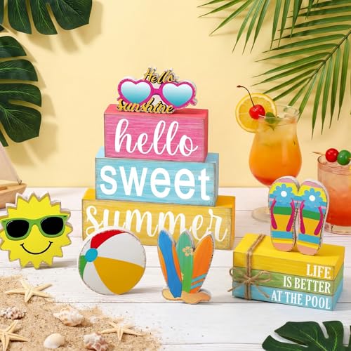 11 Pcs Summer Hawaiian Table Decorations Set Summer Tiered Tray Decor Flip Flops Centerpiece Faux Book Stack Block for Table Home Office Decorations - style: Pool