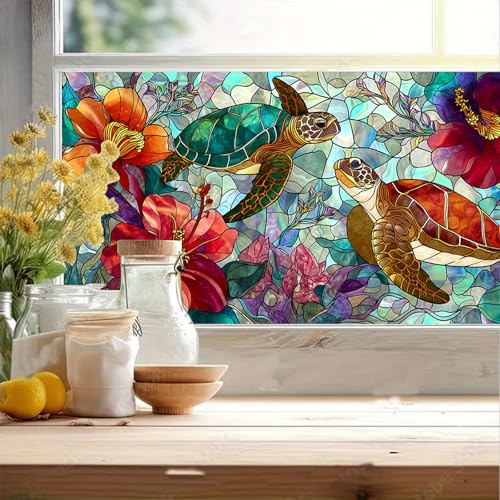 Window Film Sea Turtle Tropical Flower Design PVC Privacy Window Film for Glass Panels 39.3x17.7 Inches Bathroom Living Room Stained Glass Windows Film Static Cling Decorative Home Decor