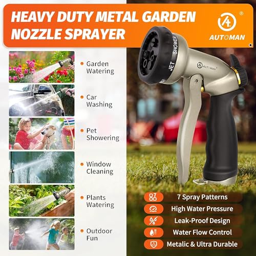 AUTOMAN Garden Hose Nozzle-7 Patterns Sprayer-2 Pack, Metal High Pressure Spray Nozzle, Heavy Duty Labor-Saving Design Water Hose Nozzle for Garden Watering, Car Washing, Window Cleaning, Pets Bathing - color: Metalic Sand ×2