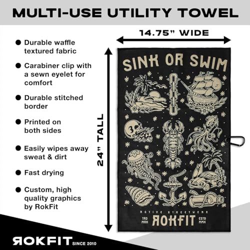RokFit Gym & Golf Towel – Multi-Use, Quick-Dry, Durable Utility Towel with Bold Graphic and Carabiner Clip (Sink Or Swim) - color: Sink Or Swim
