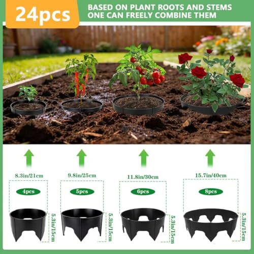 24PCS Planting Grow Rings with Shovel, Diameter Range 8.3-15.7in Adjustable Round Plant Support Garden Circle Ring for Watering Planting Edging Border Ring for Vegetables (24, Black)