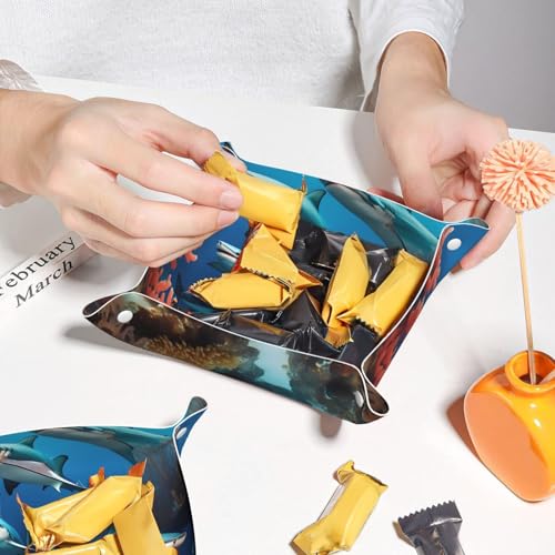 Small Leather Storage Tray Exquisite Submarine Shark Coral Pattern for Small Items Multifunctional Foldable and Durable - size: Small