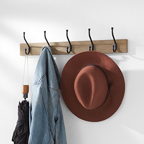 Amazon Basics Rectangular Farmhouse Wall-Mounted Coat Rack for Entryway and Bedroom, Storage Organizer, 5 Hooks, Barnwood | Farmhouse - color: Barnwood, style: Single