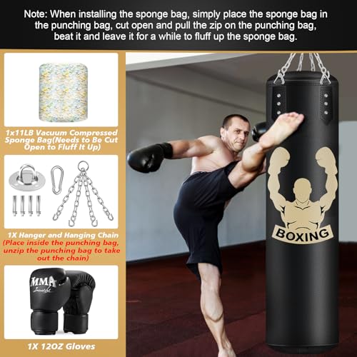 Filled Punching Bag for Adults, 4FT PU Hanging Bag with Filler and Gloves