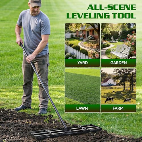 Housolution 32"x10" Lawn Leveling Rake with Serrated Edge & Smooth Plate, Heavy-Duty Stainless Leveling Rake with 72" Adjustable Handle, Serrated Rake for Soil/Dirt/Compost/Dead Grass/Gravel