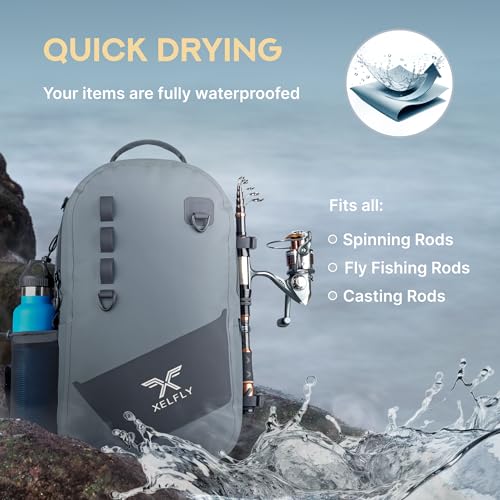 Xelfly - Waterproof Fishing Backpack with Rod Holder, Inflatable Air Valve, Padded Waist Straps & Gear Loops - Submersible Zipper, Rugged Top Handle, Adjustable Attachments (Blue) - color: Blue, size: Fishing Backpack