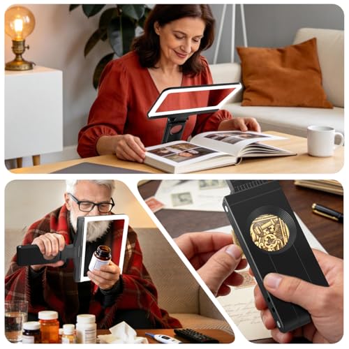 30X 6X Rechargeable Magnifying Glass for Reading, Large Full Page Magnifier with Folding Stand, 3 Color Light Modes, Dimmable LED Lighted, Hands Free Book Magnifier for Fine Prints Low Vision Seniors