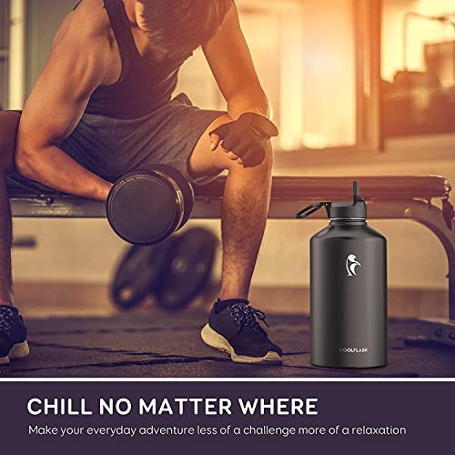 Coolflask 128 oz Gallon Water Bottle Insulated with Straw & 3 Leakproof Lid - color: Magic Black, size: 128 Ounces