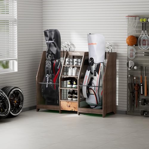Golf Bag Storage Organizer Holds 2 Golf Bags for Garage - Wooden Rack - color: Black